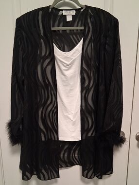 Black Sheer Wave-Pattern Robe with Feather Trim